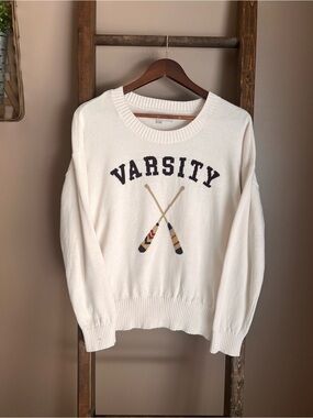 LOFT Cream 'VARSITY' Graphic Crewneck Sweater